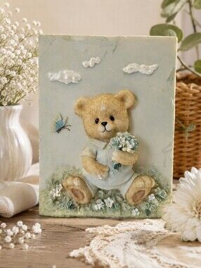 VTG SHIAH YIH Teddy Bear Wall Plaque 3D Resin Nursery Decor Blue White Flower‎